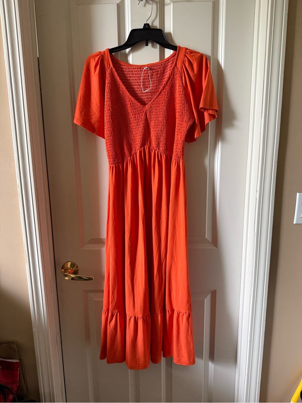 Smocked V-Neck Orange Midi Dress